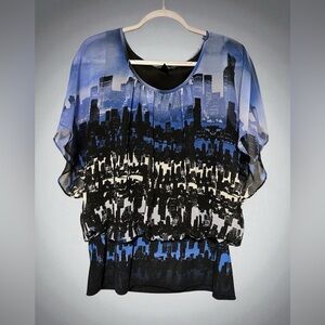 Style & Co Woman Cityscape‎ Print Blue, Black and Gray Women's Blouse size 1X